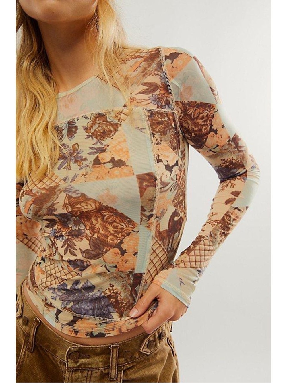 Free People Floral Patchwork Mesh Long Sleeve Top size small
